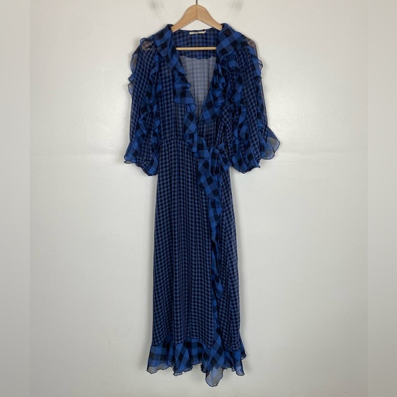 Tularosa Alicia Sheer Gingham Wrap Maxi Dress Size S Blue Ruffle Fairycore - Picture 4 of 12